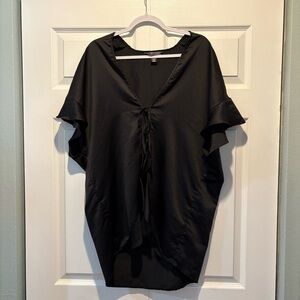 Victorias Secret black satin kimono robe kaftan short flutter sleeve tie OS